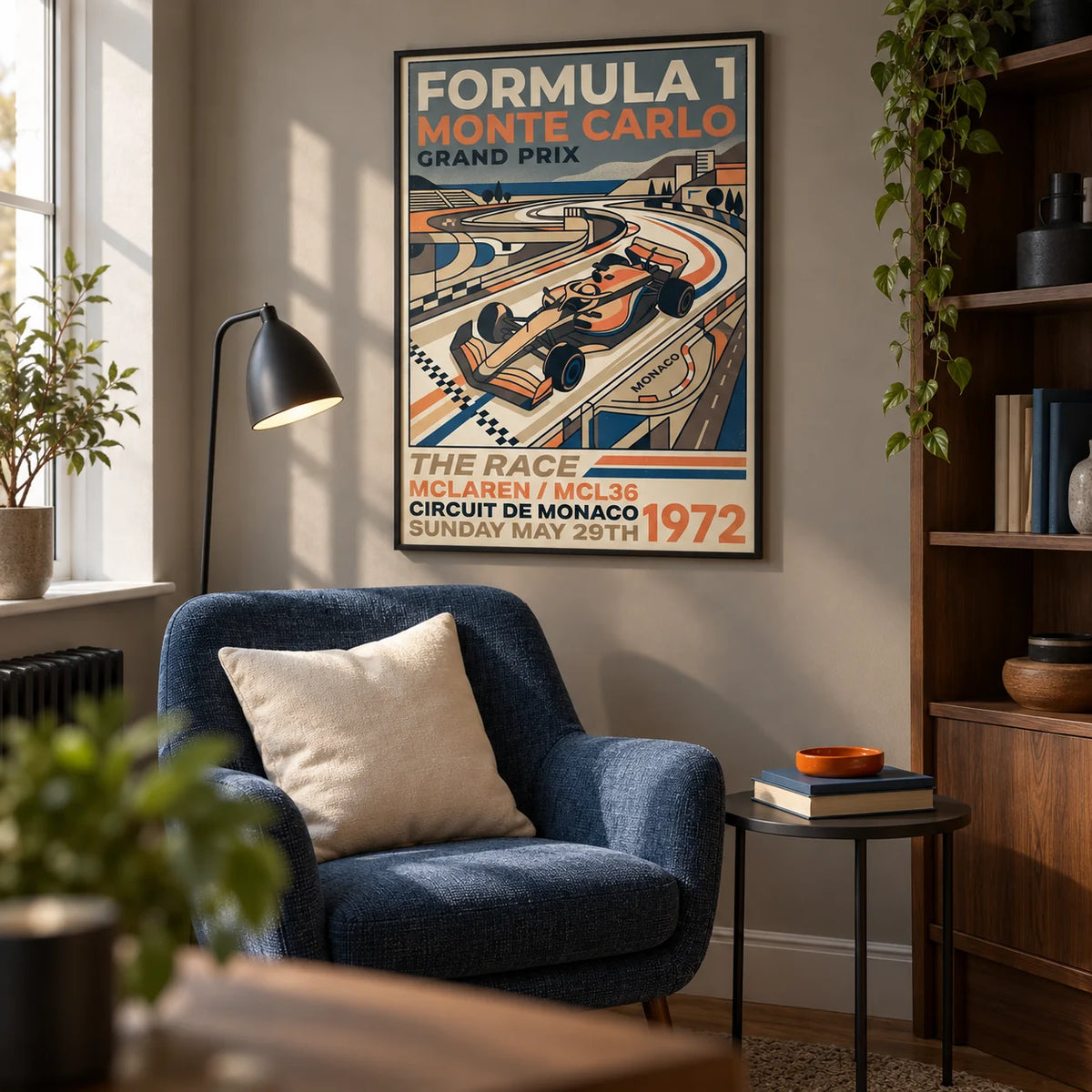 Monte Carlo Retro Racing Poster, framed on the wall of a converted box-room snug for an adult motorsport enthusiast in a UK semi-detached home in a living room
