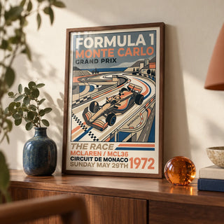 Monte Carlo Retro Racing Poster, a small A4 framed print leaning on a walnut shelf in a living room