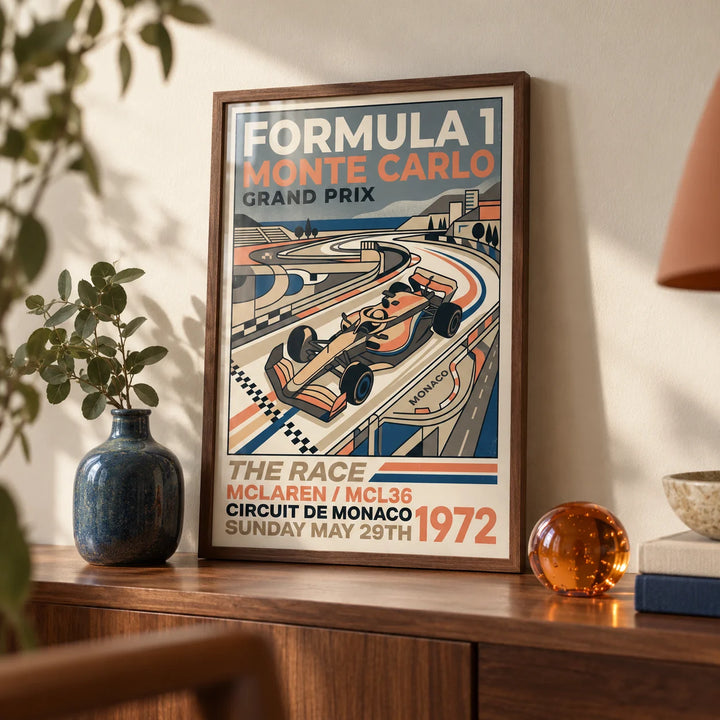 Monte Carlo Retro Racing Poster, a small A4 framed print leaning on a walnut shelf in a living room