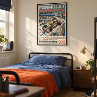 Monte Carlo Retro Racing Poster, framed on the wall of a tidy motorsport-loving teenager's single bedroom (16-17) in a UK family home