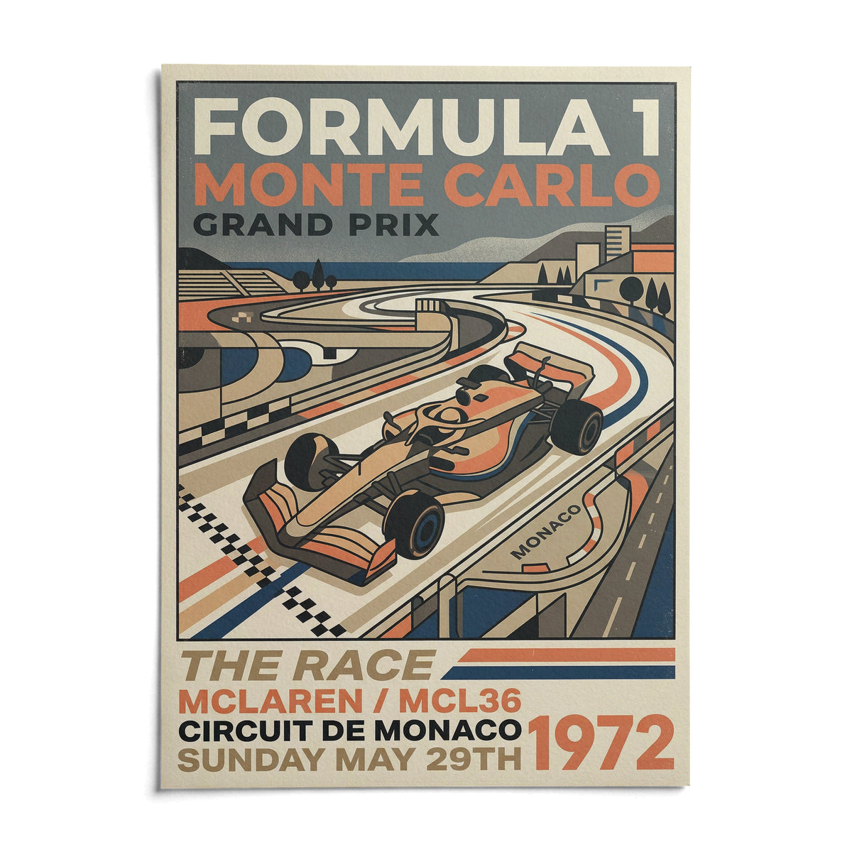 Monte Carlo Retro Racing Poster, shown as an unframed paper print on a plain white background
