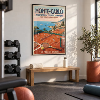 Monte Carlo Tennis Print, framed on the wall of a calm home gym in a converted garage with a white wall and a rubber floor