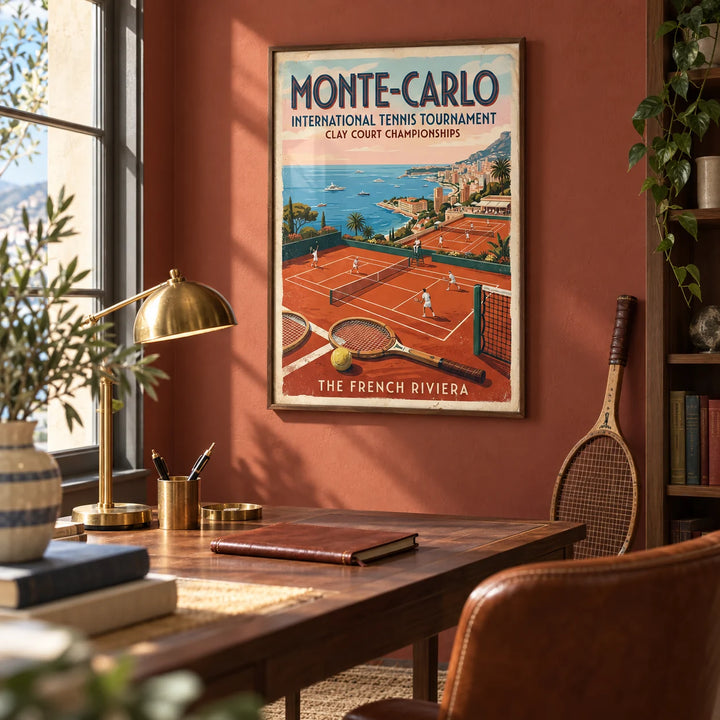 Monte Carlo Tennis Print, framed on the wall of a characterful home study with a soft clay red painted wall
