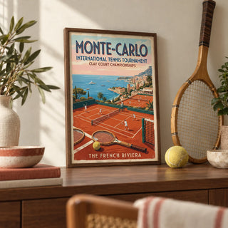Monte Carlo Tennis Print, a small A4 framed print leaning on a walnut shelf in a living room