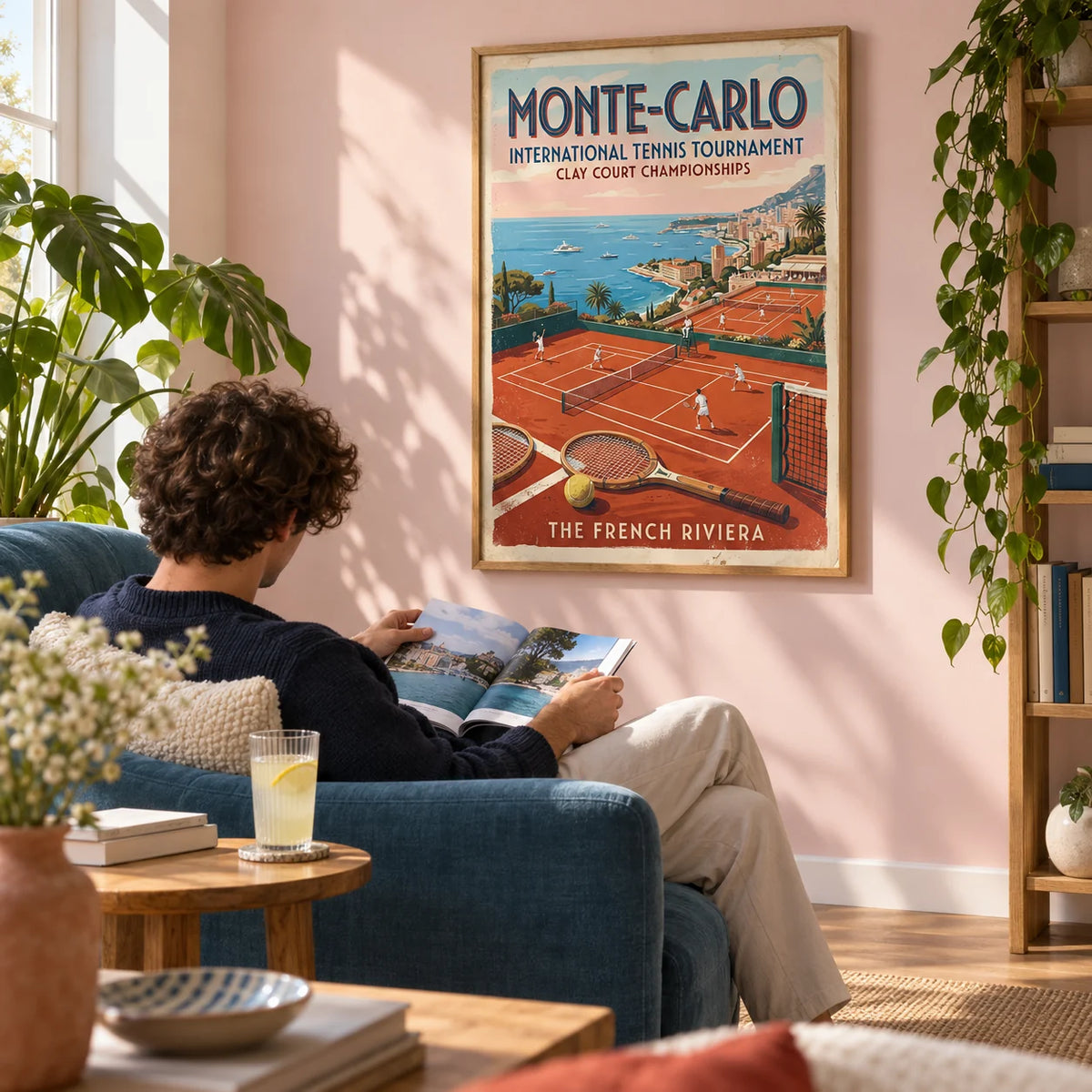 Monte Carlo Tennis Print, framed on the wall of a sunny young adult's flat living room (22-28) with a pale pink wall