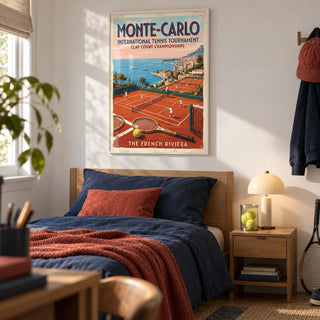 Monte Carlo Tennis Print, framed on the wall of a teen boy's bedroom (13-17) with a white wall