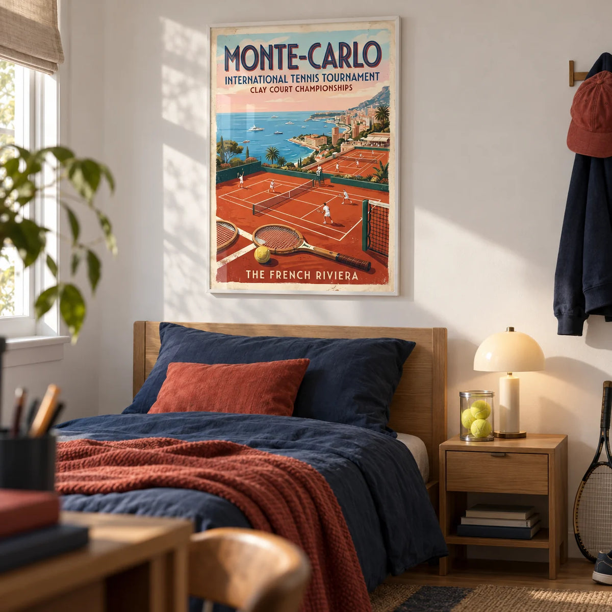 Monte Carlo Tennis Print, framed on the wall of a teen boy's bedroom (13-17) with a white wall