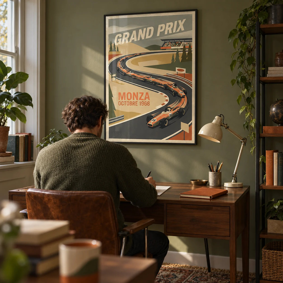 Monza Grand Prix Art Print, framed on the wall of a characterful home study in a British terraced house with a muted olive wall