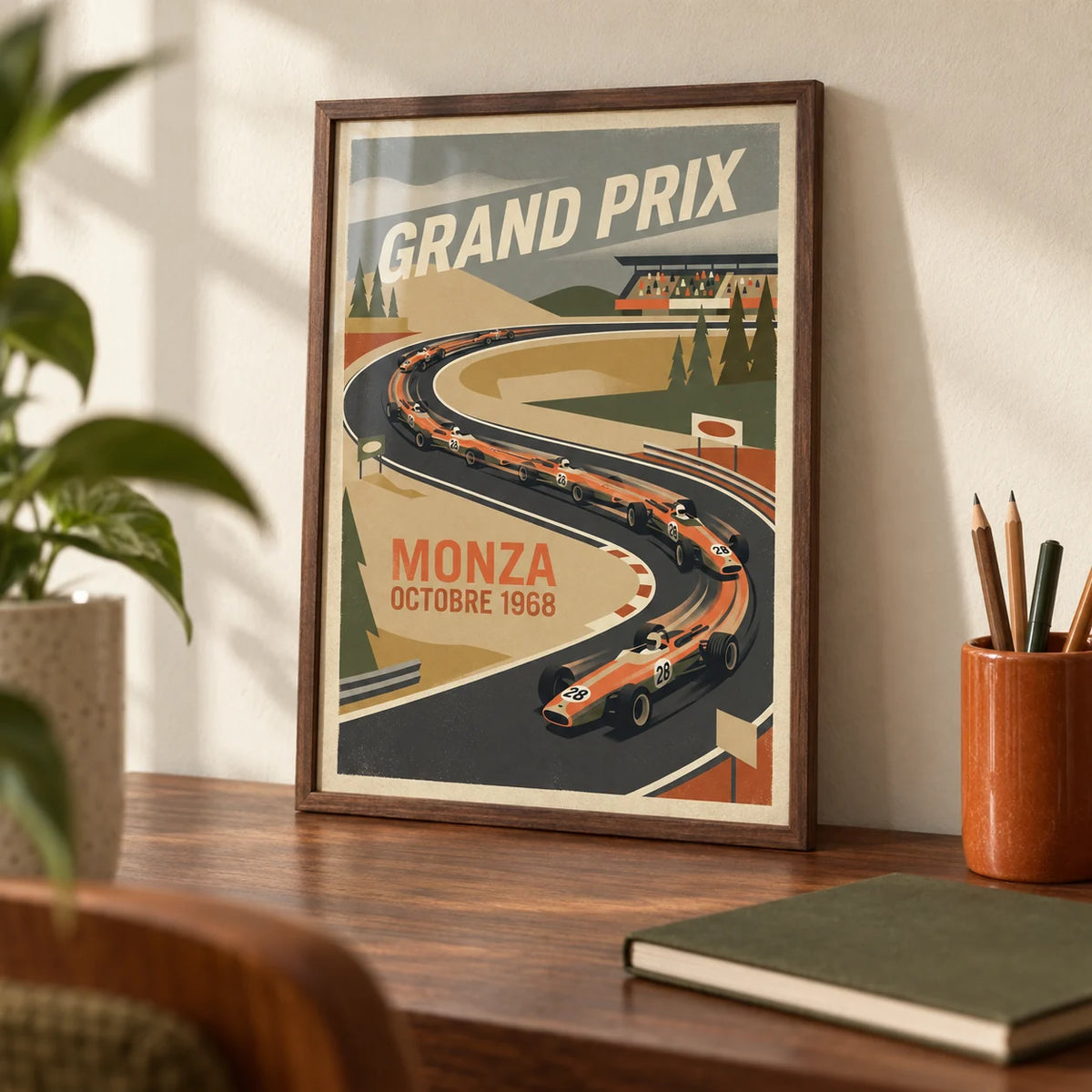 Monza Grand Prix Art Print, a small A4 framed print leaning on a walnut desk