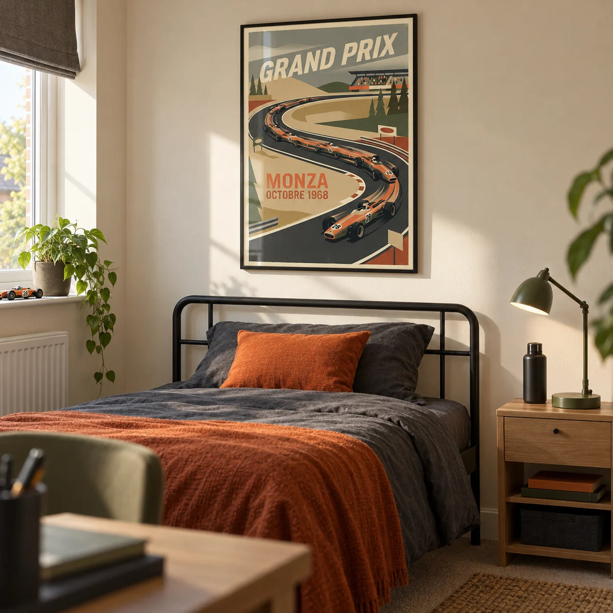 Monza Grand Prix Art Print, framed on the wall of a tidy motorsport-loving teenager's single bedroom (16-17) in a UK family home with a warm cream wall