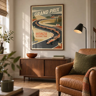 Monza Grand Prix Art Print, framed on the wall of a vintage racing enthusiast's compact upstairs snug in a UK semi-detached home with a pale putty wall in a living room