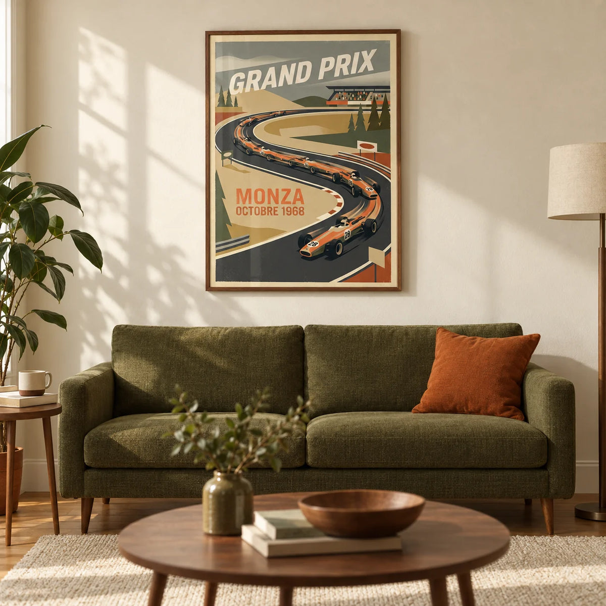 Monza Grand Prix Art Print, framed on the wall of a warm retro living room in a UK first flat (25-35) with a cream wall and oak floor