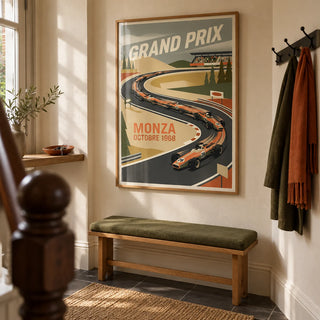 Monza Grand Prix Art Print, framed on the wall of a welcoming hallway in a UK Victorian terrace with warm cream plaster and dark slate floor tiles