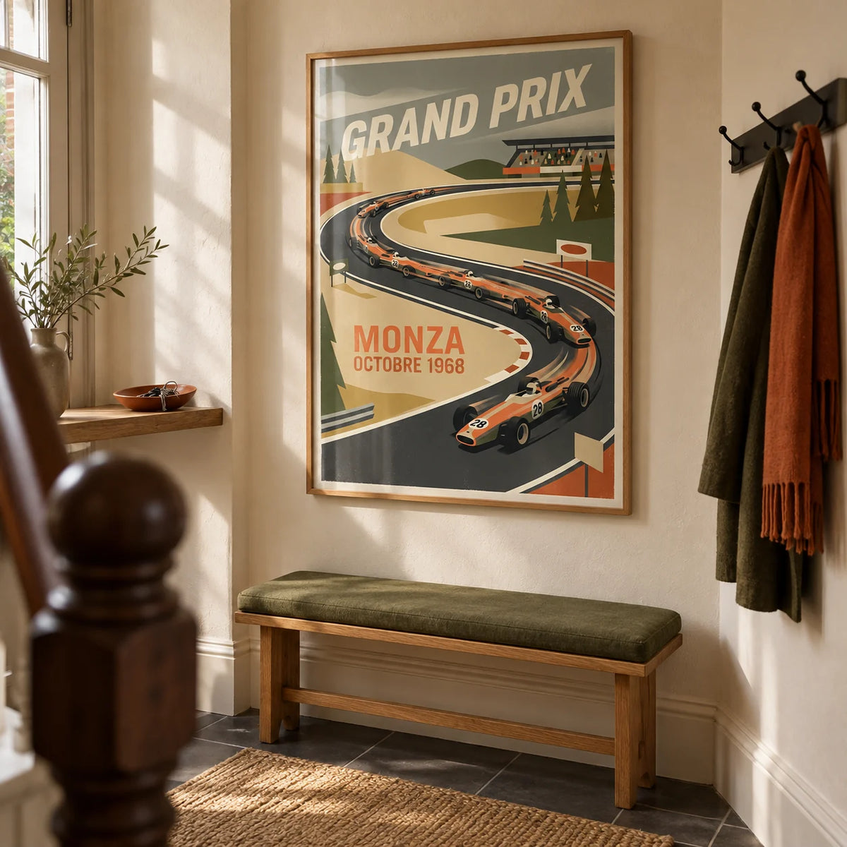 Monza Grand Prix Art Print, framed on the wall of a welcoming hallway in a UK Victorian terrace with warm cream plaster and dark slate floor tiles