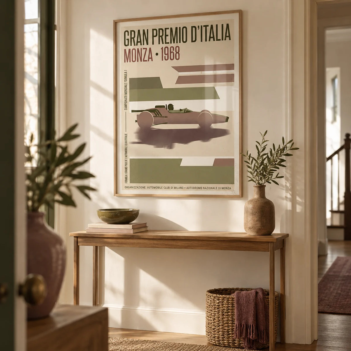 Monza Grand Prix Poster, framed on the wall of a characterful hallway with a cream wall