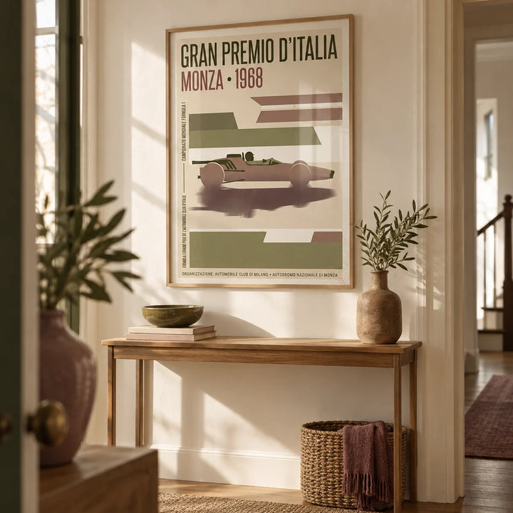 Monza Grand Prix Poster, framed on the wall of a characterful hallway with a cream wall
