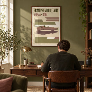Monza Grand Prix Poster, framed on the wall of a characterful home study with an olive green wall