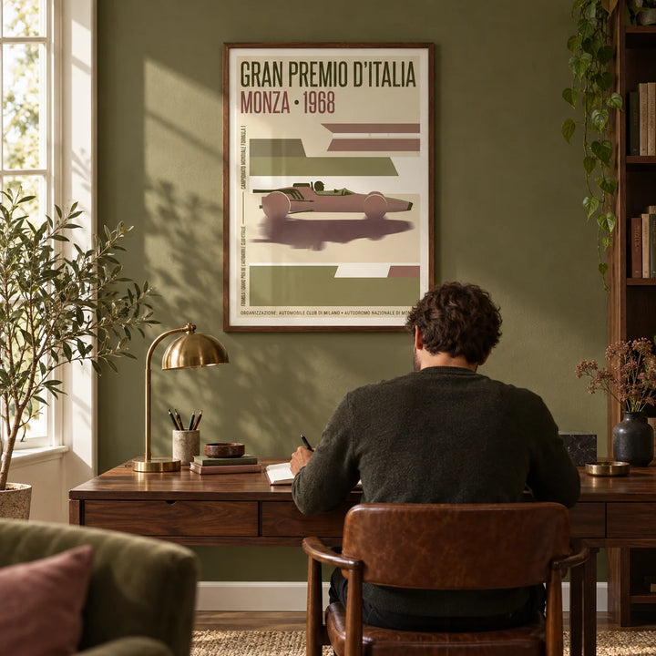 Monza Grand Prix Poster, framed on the wall of a characterful home study with an olive green wall