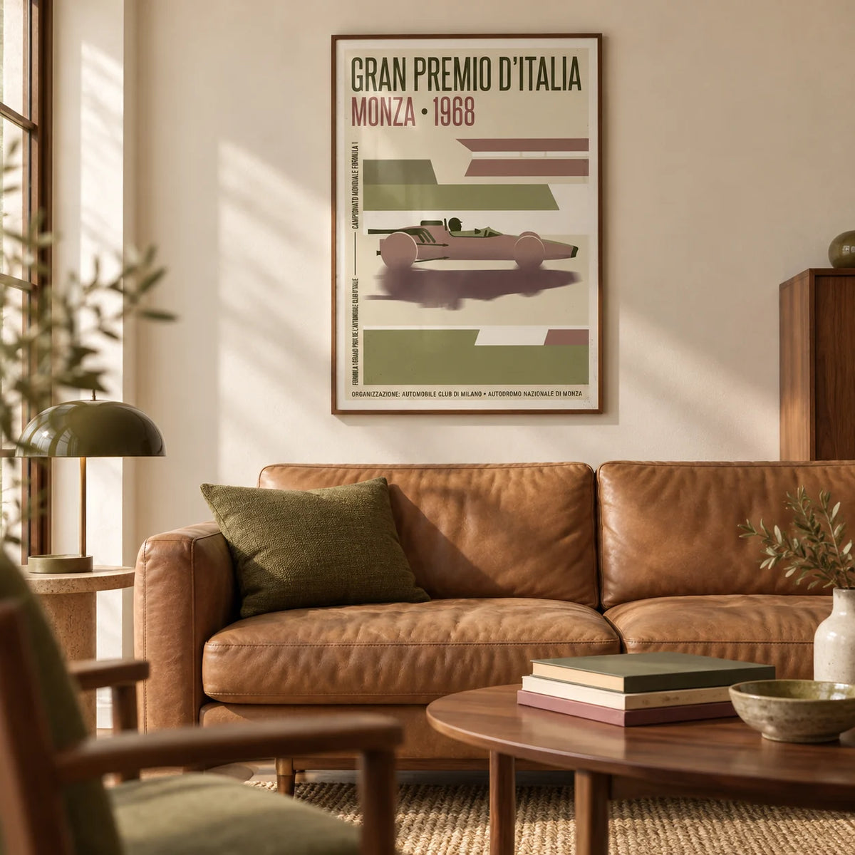 Monza Grand Prix Poster, framed on the wall of a mid-century Italian-style living room with a warm cream wall