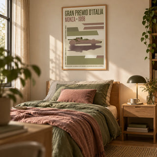 Monza Grand Prix Poster, framed on the wall of a modern single bedroom for a young adult (18-25) with a warm cream wall