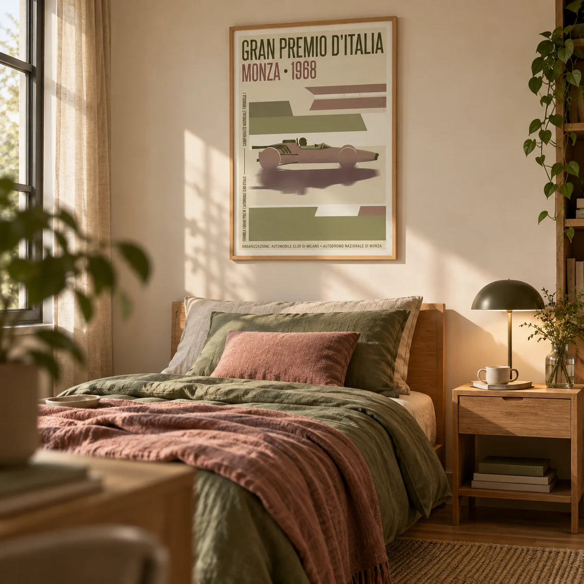 Monza Grand Prix Poster, framed on the wall of a modern single bedroom for a young adult (18-25) with a warm cream wall