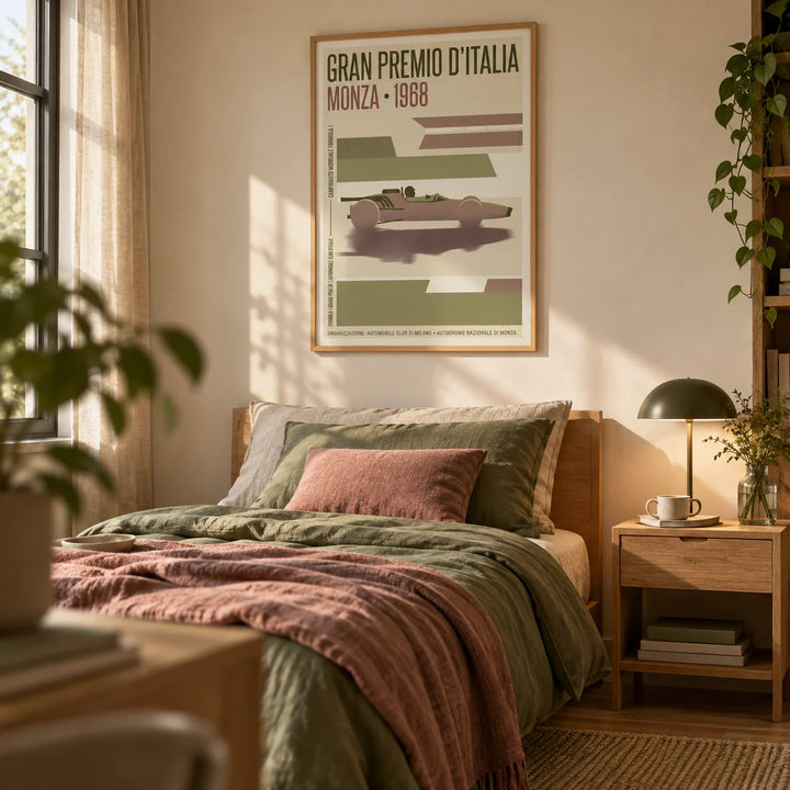 Monza Grand Prix Poster, framed on the wall of a modern single bedroom for a young adult (18-25) with a warm cream wall