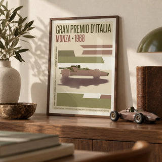Monza Grand Prix Poster, a small A4 framed print leaning on a walnut shelf in a living room