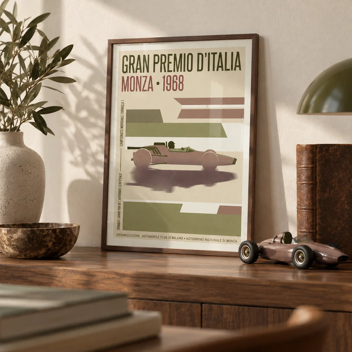 Monza Grand Prix Poster, a small A4 framed print leaning on a walnut shelf in a living room