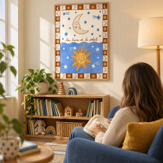 Moon And Sun Print, framed on the wall of a quiet nursery reading corner in a young family home with a warm cream wall