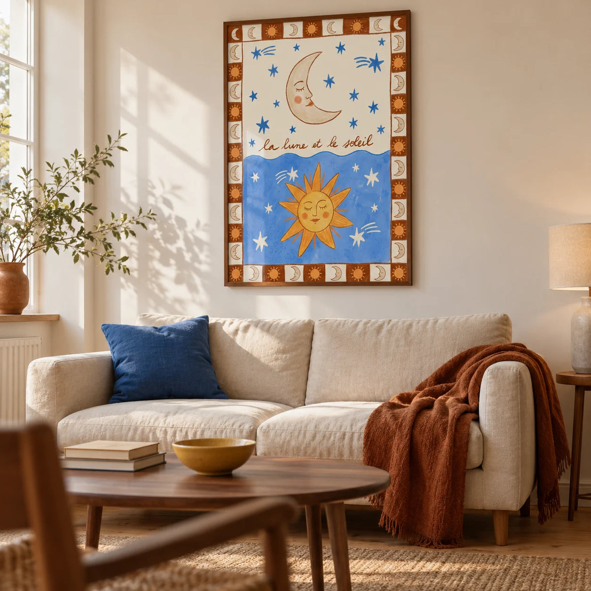 Moon And Sun Print, framed on the wall of a relaxed folk-modern living room in a UK first family flat with warm white walls and stripped pine floorboards