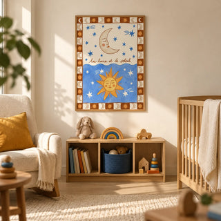 Moon And Sun Print, framed on the wall of a warm folk-inspired nursery in a UK terraced family home with cream plaster walls and a pale wood floor