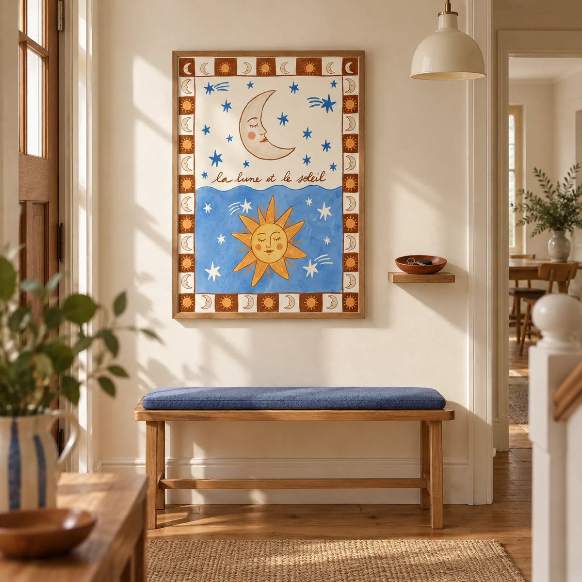 Moon And Sun Print, framed on the wall of a welcoming hallway in a young family terrace with a cream wall and warm timber flooring