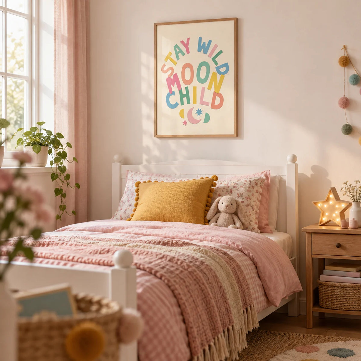 Moon Child Wall Art, framed on the wall of a little girl's bedroom