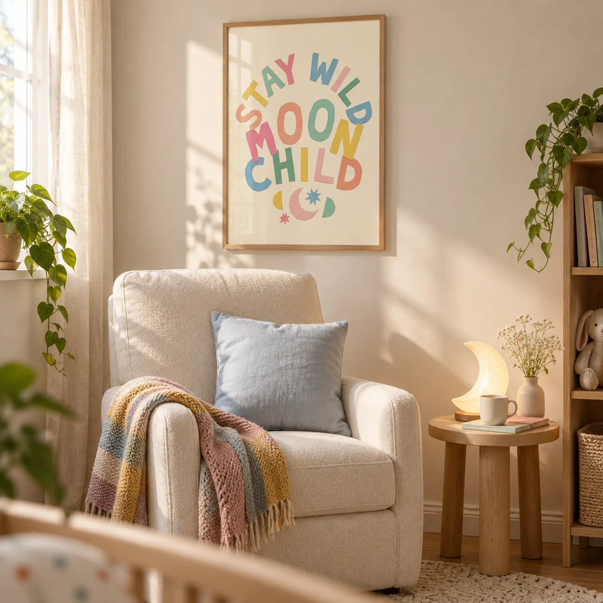 Moon Child Wall Art, framed on the wall of a nursery feeding corner