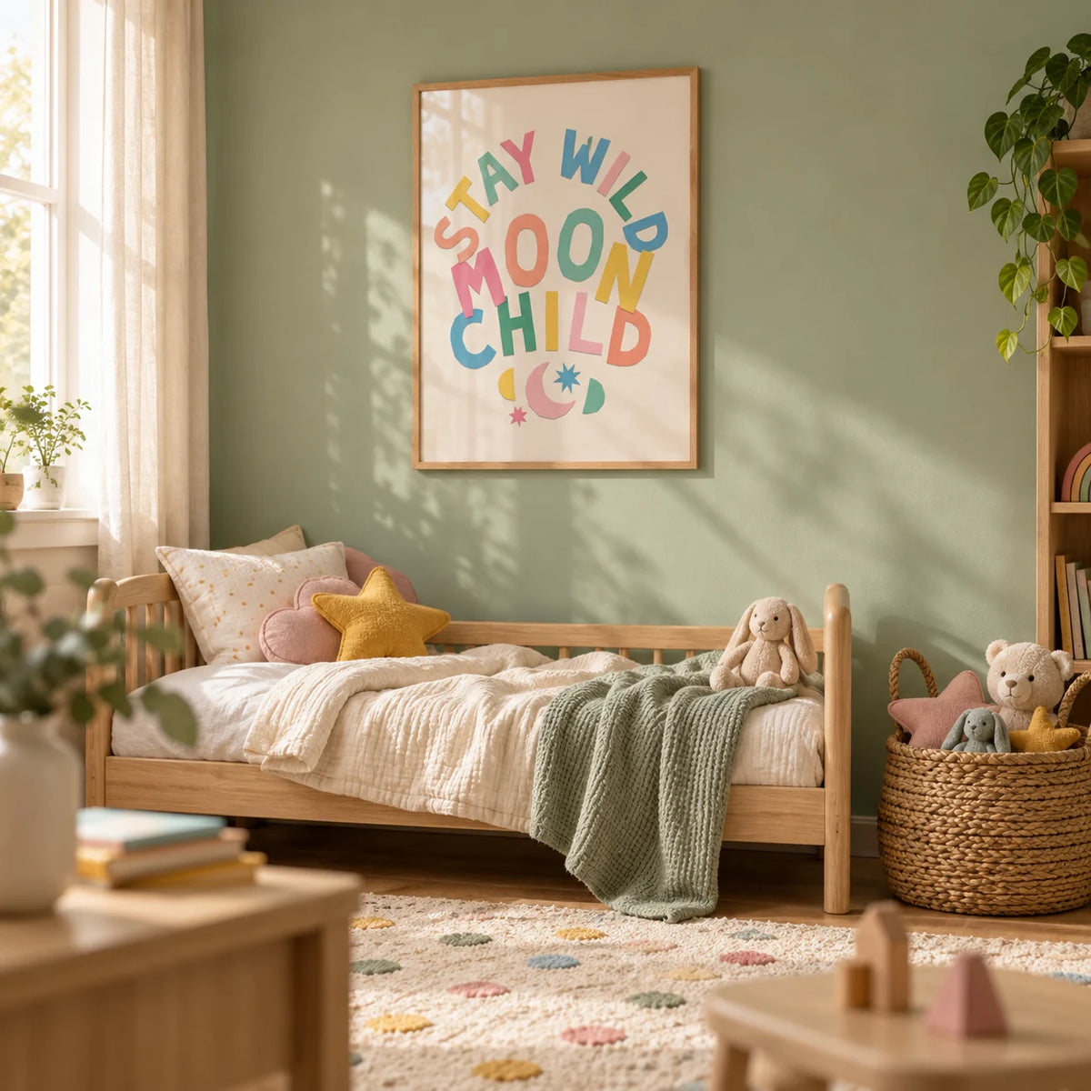 Moon Child Wall Art, framed on the wall of a toddler's room with a sage green wall