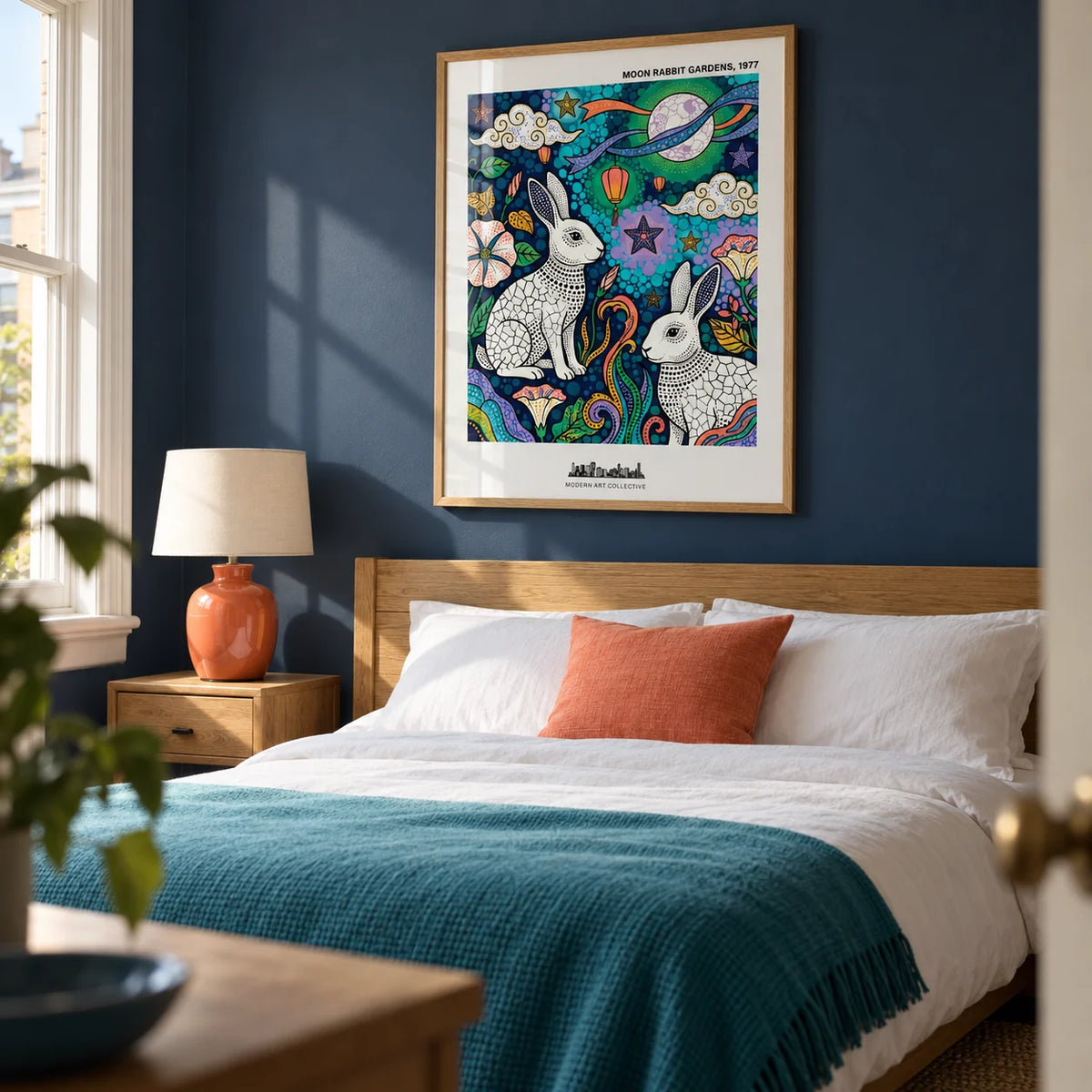 Moon Garden Art Print, framed on the wall of a calm contemporary bedroom in a UK terraced home with a muted navy wall
