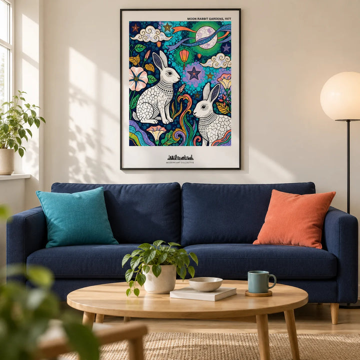 Moon Garden Art Print, framed on the wall of a contemporary living room in a UK first flat with warm white walls and pale oak flooring
