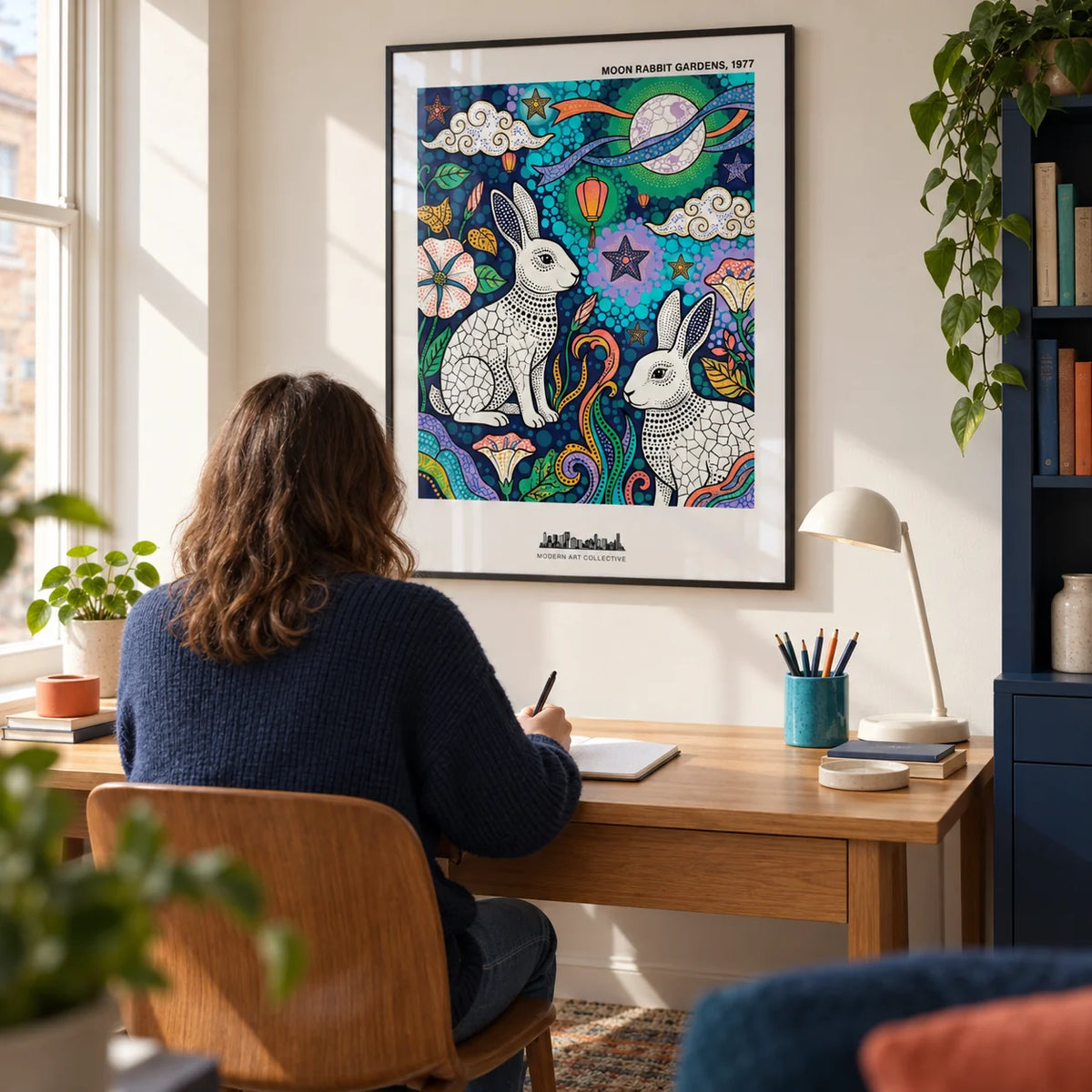 Moon Garden Art Print, framed on the wall of a creative home study in a UK flat with a warm white wall and a navy storage cabinet