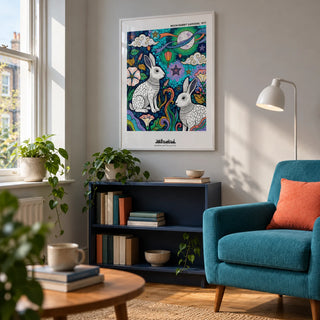 Moon Garden Art Print, framed on the wall of a quiet reading corner beside a sash window in a UK maisonette with a pale grey wall in a living room