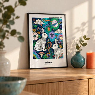 Moon Garden Art Print, a small A4 framed print leaning on a pale oak sideboard in a living room