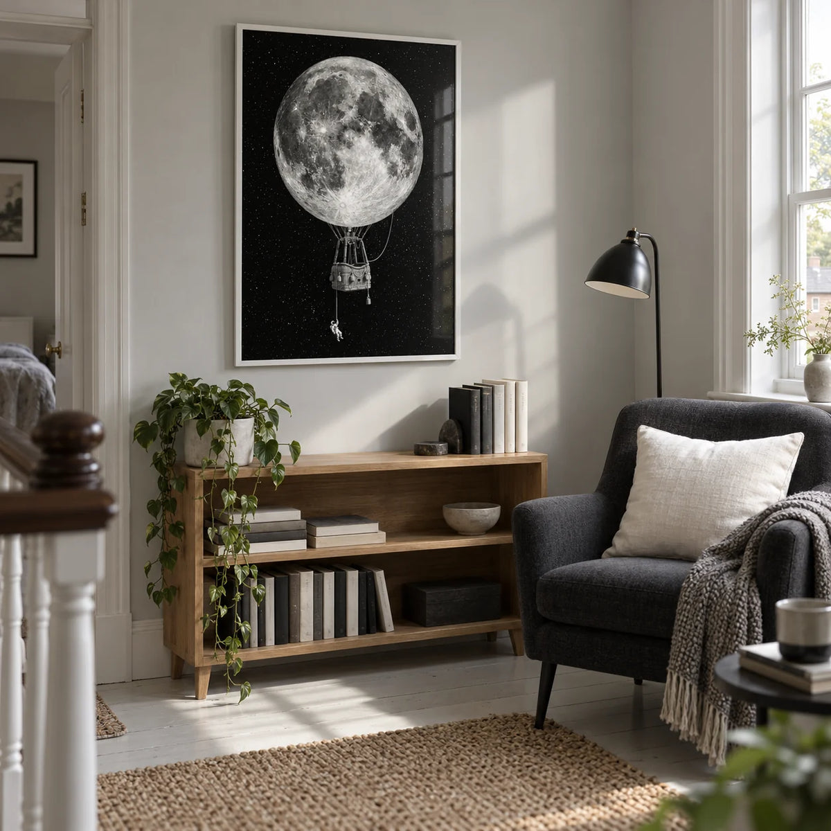 Moon Hot Air Balloon Art, framed on the wall of a bright reading nook on the landing of a UK family home in a living room