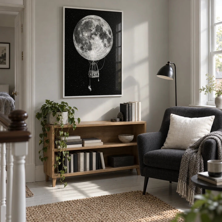 Moon Hot Air Balloon Art, framed on the wall of a bright reading nook on the landing of a UK family home in a living room