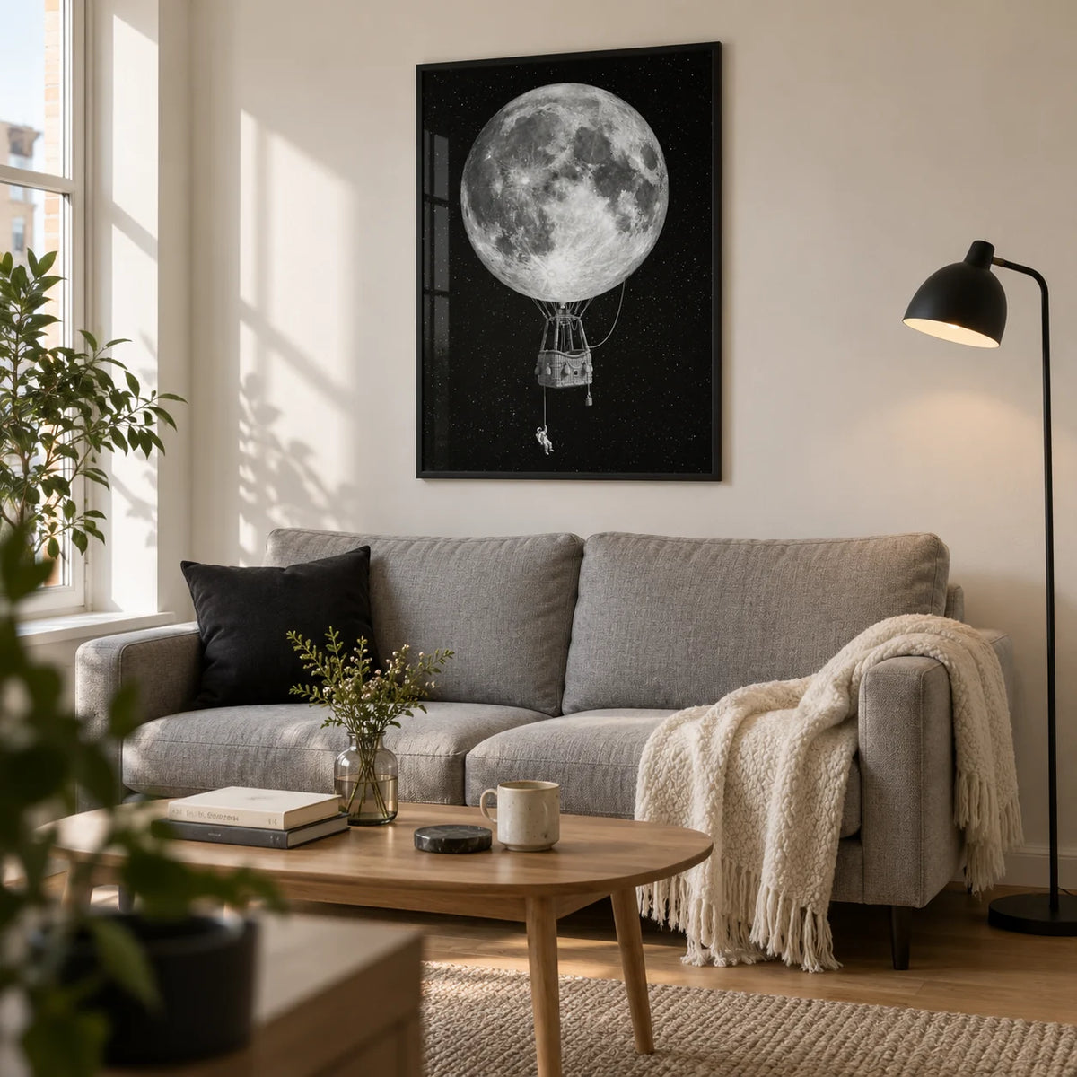 Moon Hot Air Balloon Art, framed on the wall of a compact modern living room in a UK first flat (22-28)