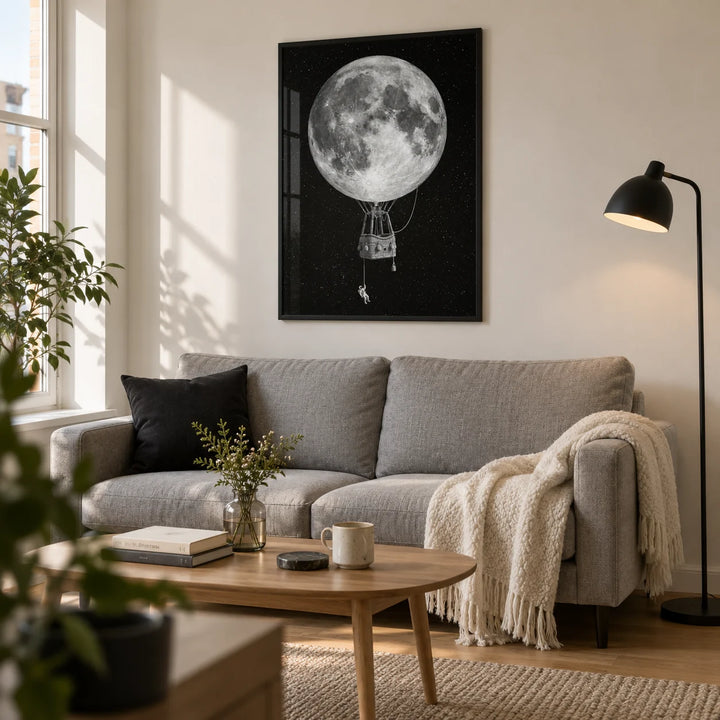 Moon Hot Air Balloon Art, framed on the wall of a compact modern living room in a UK first flat (22-28)