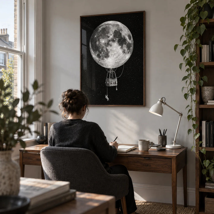 Moon Hot Air Balloon Art, framed on the wall of a quiet study in a UK terraced house with a pale grey wall