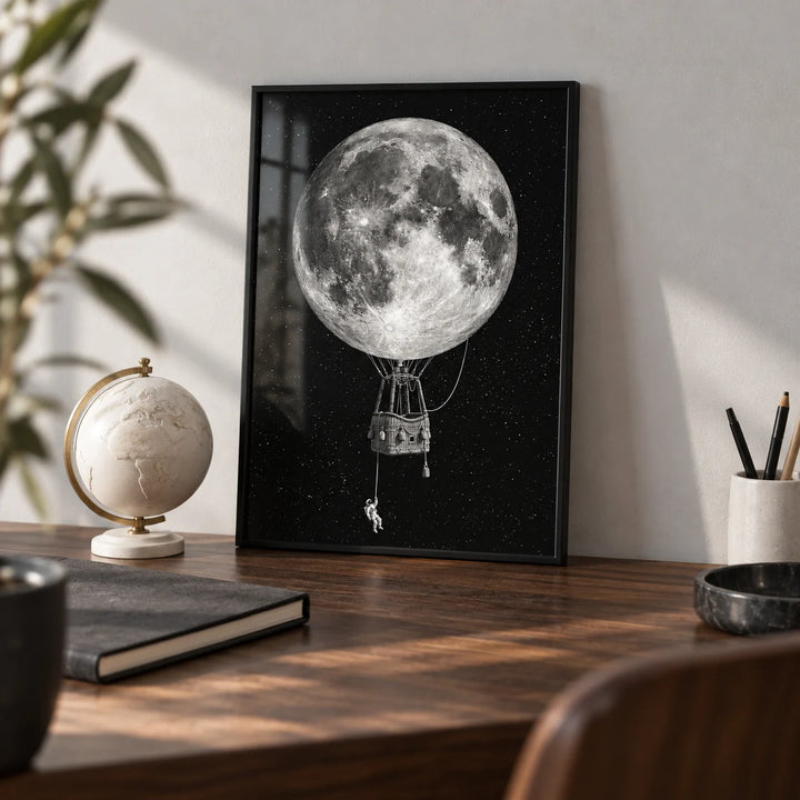Moon Hot Air Balloon Art, a small A4 framed print leaning on a walnut desk