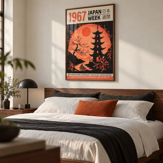 Moon Japanese Art, framed on the wall of a crisp modern bedroom