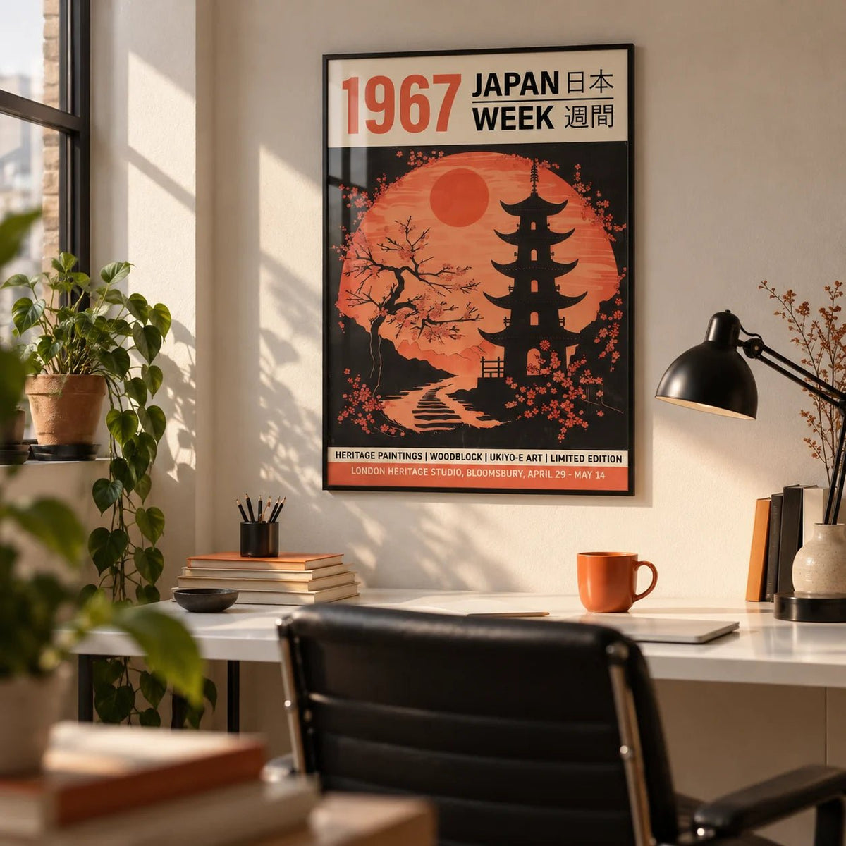 Moon Japanese Art, framed on the wall of a designer's home studio in a home office
