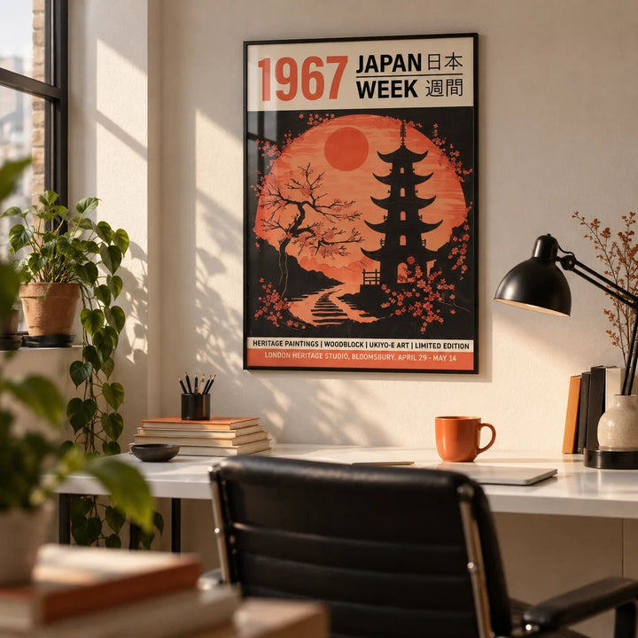 Moon Japanese Art, framed on the wall of a designer's home studio in a home office