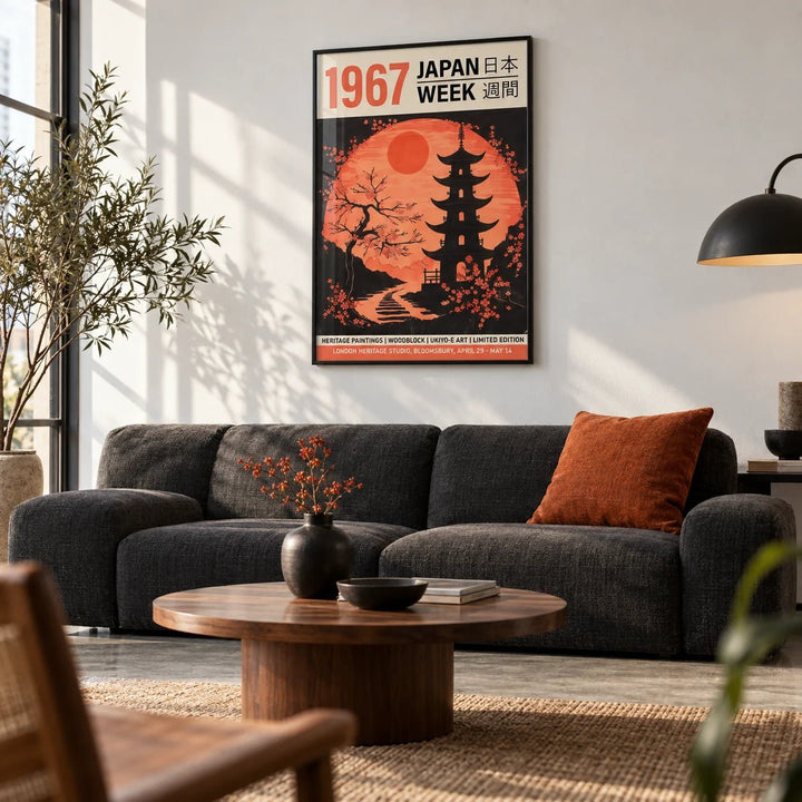 Moon Japanese Art, framed on the wall of a modern city apartment living room